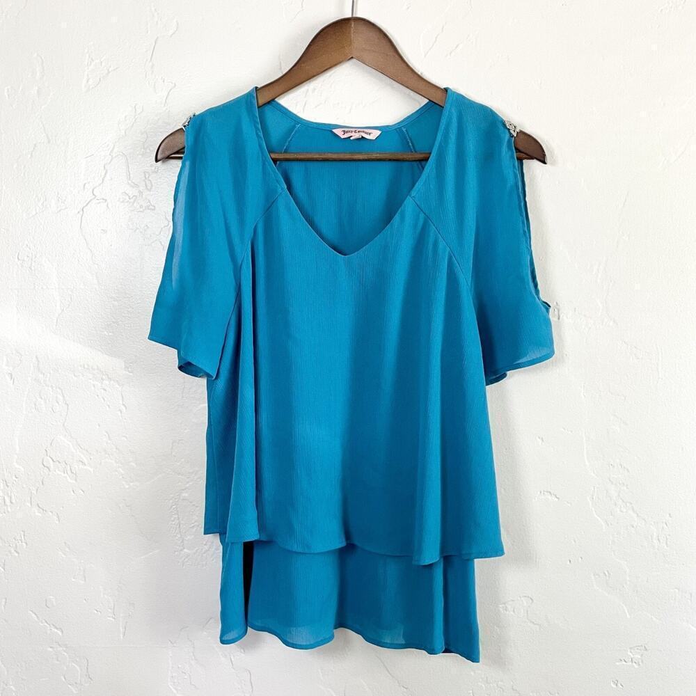 Vintage 90s y2k Juicy Couture Size Medium Blouse - Blue Tiered Embellished Cold - Picture 2 of 9